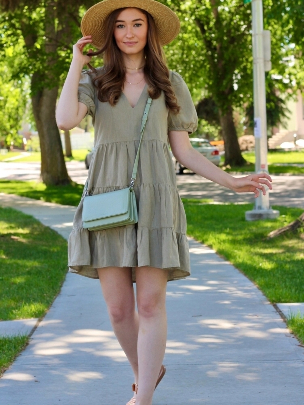 Zara Olive Green Tiered V-Neck Puff Sleeve Dress